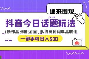 2023最新抖音私域变现教程，今日话题玩法，1条作品涨粉5000，一部手机日入500！