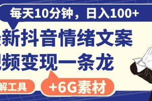 抖音情绪文案视频变现，每天10分钟，日入100+，附6G素材及软件
